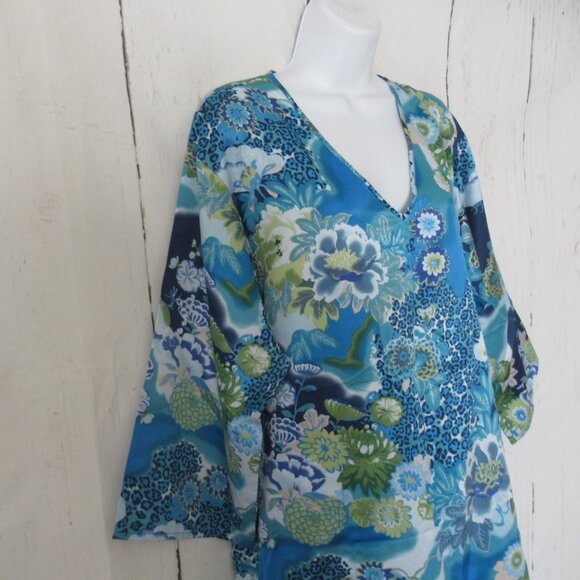 Cruz Natori Nightgown S Small Blue Asian Floral Pockets House Dress Mumu Kimono - Picture 3 of 7